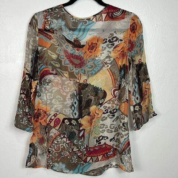 Chico’s Silk Floral Print Semi-Sheer Embroidered 3/4 Sleeve Top Blouse Size S - Picture 4 of 8